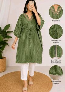 Green Striped Kaftan Kurta with Embellished Neck
