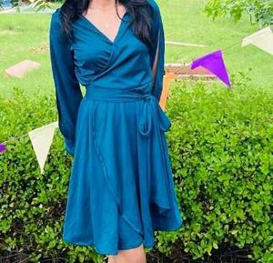 Elegant Teal Flowy Wrap  Dress