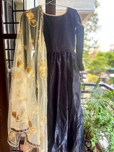 Elegant Black Gown with Gold Dupatta