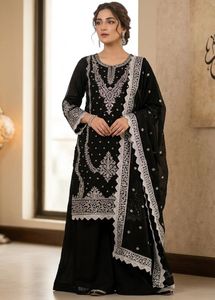 Elegant Black Embroidery Kurta Set with Wide-Leg