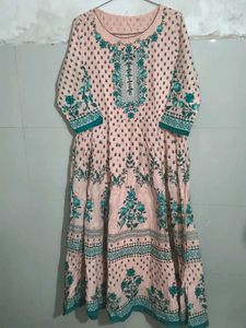 Peach Floral Print Anarkali Kurta heavy