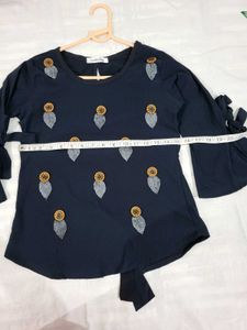 Navy Blue Embroidered Sleeve Tie Top