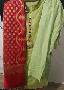 Green Kurta Set with Red Dupatta