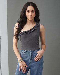 SHEIN Gray One-Shoulder Ruffle Top