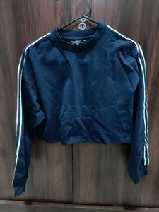 Navy Blue Cropped Sweatshirt with Stripes