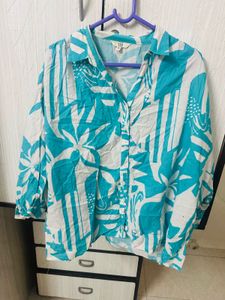 Stylish Blue & White Tropical Print Shirt