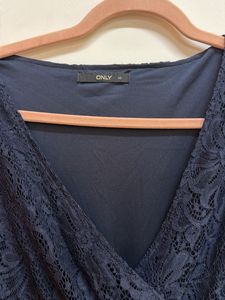 Navy Lace V-Neck Dress with Ruffle Sleeves