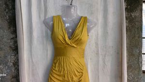 I. Mustard Yellow Ruched V-Neck Dress
