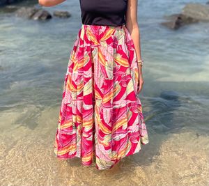Boho Tropical Tiered Pink Maxi Skirt