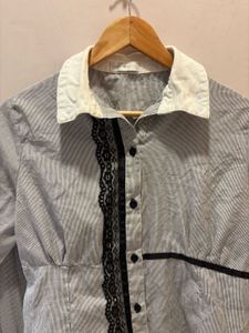 Chic Striped Lace Button-Up Top