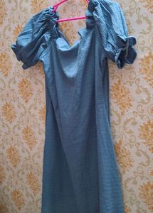 Chic Blue Puff Sleeve V-Neck Dress
