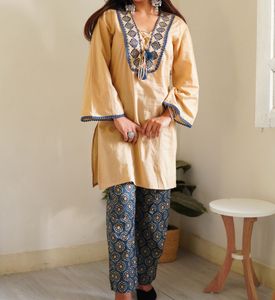 Elegant Peach Coord Set with Blue Print Pants