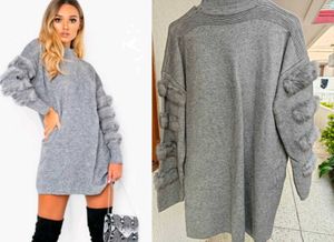 Grey Turtleneck Dress with Fur Sleeves