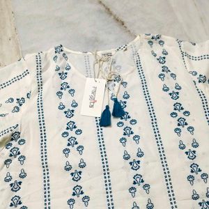 White &amp; Blue Printed Tassel Kurta