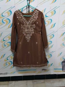 Elegant Brown Embroidered Kurta Set with Sharara