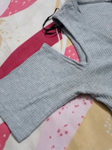 Grey Cold Shoulder Ribbed Top