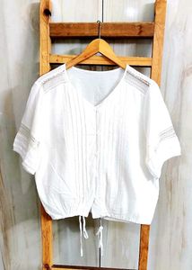 White Lace Trim V-Neck Blouse Size-38