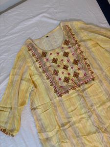 Embroidered Yellow Striped Kurta