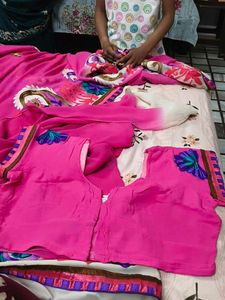 wool work Pink Embroidered Saree