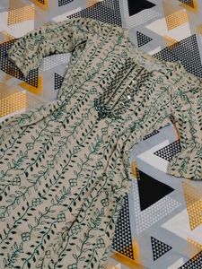 Cream &amp; Green printed mirror work Floral Kurta .