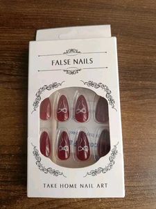 Burgundy False Nails with Bow Design