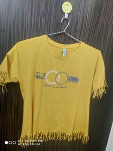 yellow fringe style printed top