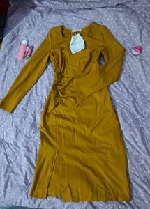 Mustard Yellow Ruched Midi Dress