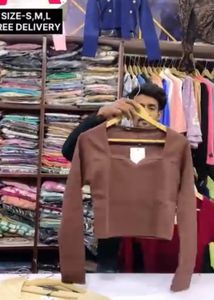 Brown V-Neck Long Sleeve Top
