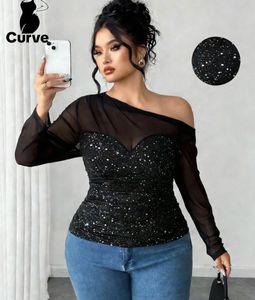 plus size sheer top-Black Shimmer Off-Shoulder  ✨