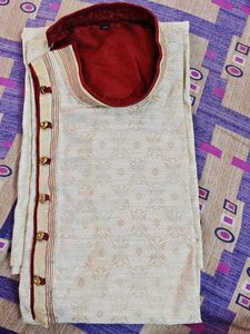 Elegant Cream and Maroon Trim kurta with pajama