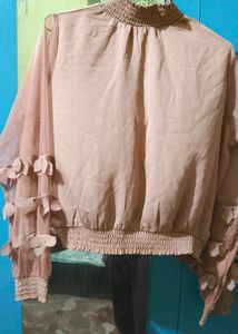 plusS Women Peach-Coloured Self Design Blouson Top