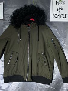 Green Bomber Jacket with Fur Hood