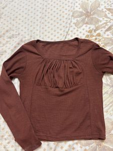 Brown Ruched Square Neck Top
