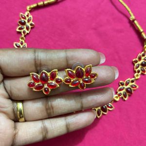 Elegant Red Stone Lotus Necklace &amp; Earring Set