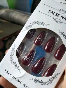 Burgundy False Nails with Bow Design