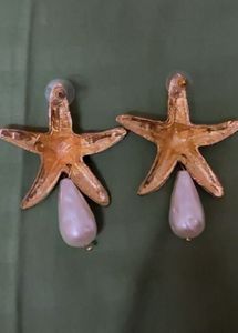 Gold Starfish &amp; Pearl Dangle Earrings