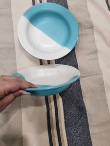 Set of 2 Blue &amp; White Dipped Plates