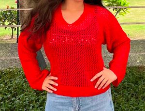 Chic Red Crochet Knit Sweater