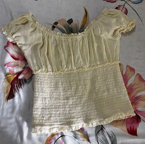 Cream Smocked Off-Shoulder Top