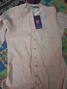 Peach Embroidered Kurta with Silver Stripes