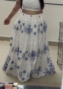 White &amp; Blue Floral Skirt with top set