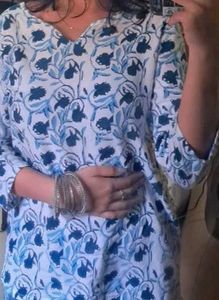 Blue Floral Print Cotton Kurta