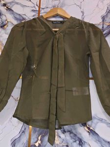 brand new Chic Olive Green Tie-Neck Blouse