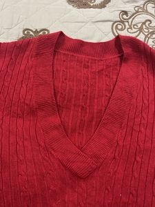 Red Cable Knit V-Neck Sweater