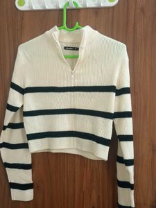Chic Ribbed Striped Quarter-Zip Sweater