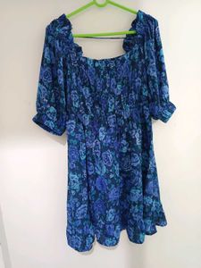 Blue Floral Smocked Square Neck Dress