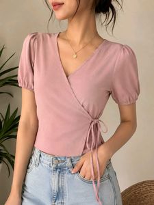 Chic Pink Wrap Top with Puff Sleeves