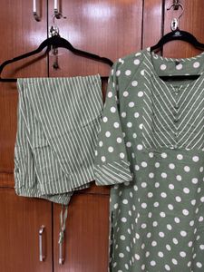 Green Polka Dot Kurta with Striped Pants