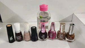 Combo Of 7 Nail Paints, 1 Nybae Concealer Foundation, Garnier Micellar Cleansing Water And Charcoal Gel Peel Off Mask