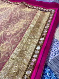 Elegant Saree with mirror work Pink Border